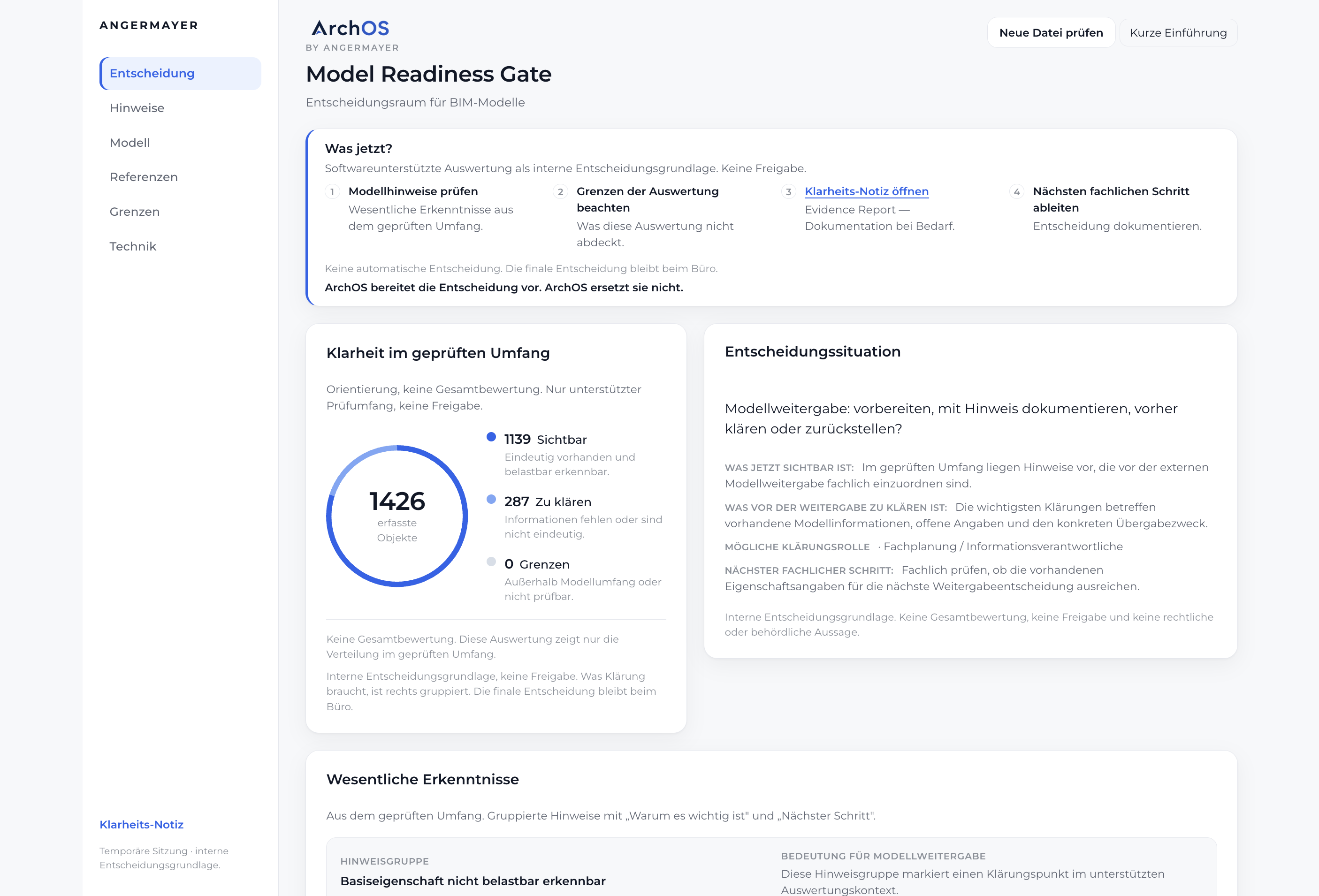 ArchOS, Auswertungs-Workspace: Hinweise mit Bezug zu realen IFC-Objekten (Produkt-Screenshot).